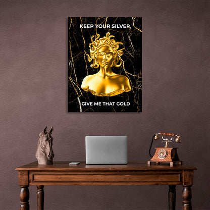 Gorgon Medusa with gold color and inscription Canvas Wall Art Print