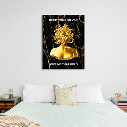 Gorgon Medusa with gold color and inscription Canvas Wall Art Print