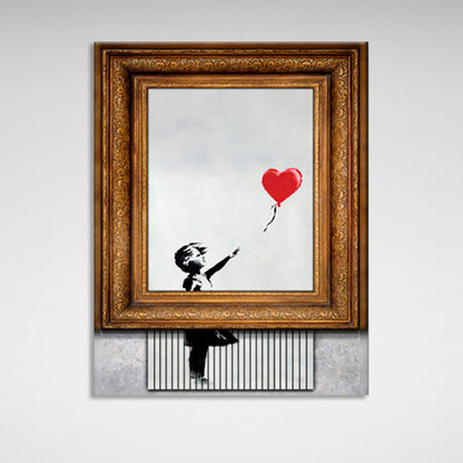 A boy lets go of a framed balloon Canvas Wall Art Print