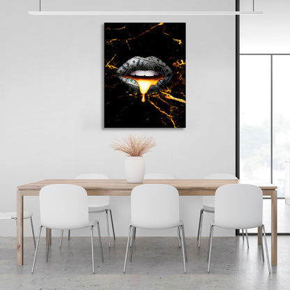 Money lips on a black and gold background Canvas Wall Art Print