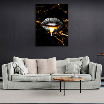 Money lips on a black and gold background Canvas Wall Art Print