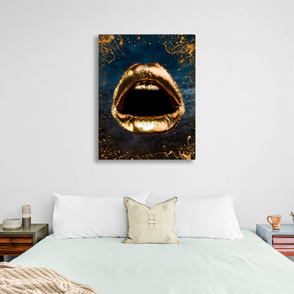 Gold lips and teeth on a blue background with gold spots Canvas Wall Art Print