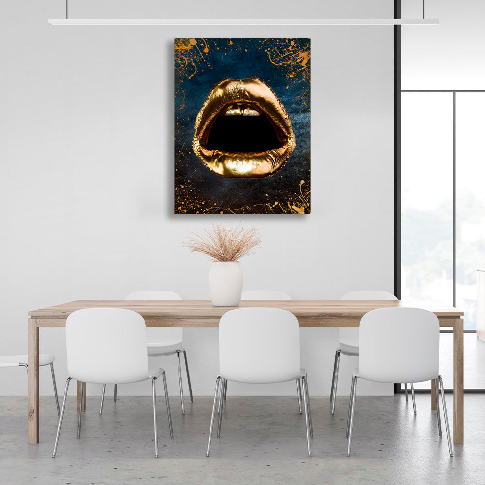 Gold lips and teeth on a blue background with gold spots Canvas Wall Art Print