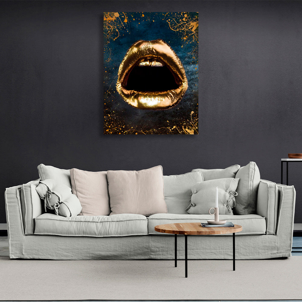 Gold lips and teeth on a blue background with gold spots Canvas Wall Art Print