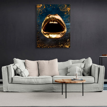 Gold lips and teeth on a blue background with gold spots Canvas Wall Art Print