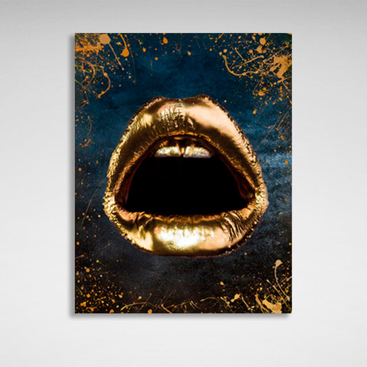 Gold lips and teeth on a blue background with gold spots Canvas Wall Art Print