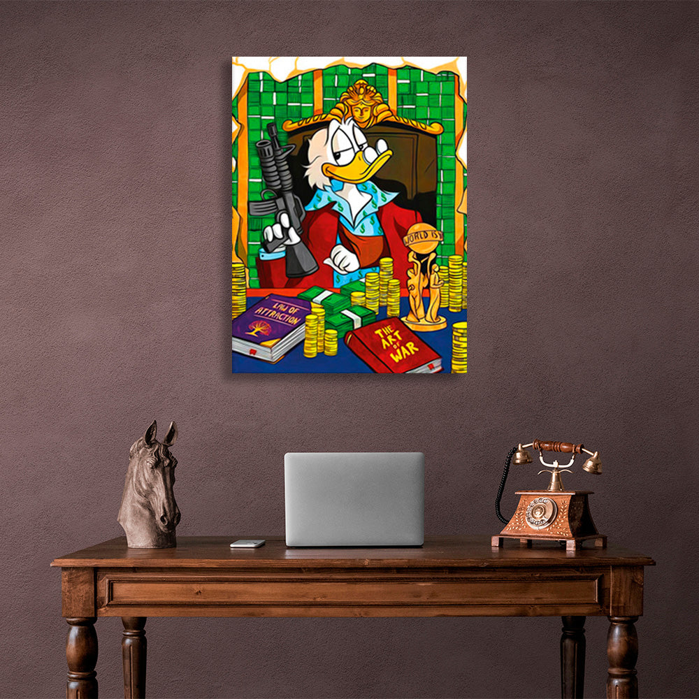 Scrooge with the gun in the chair on the money table Inspirational Canvas Wall Art Print