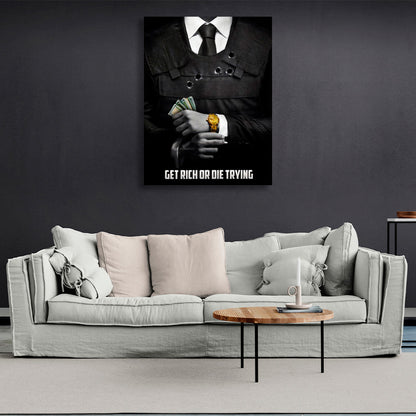 A man in a suit with money in his hands and a gold watch on his wrist with the inscription Motivational Canvas Wall Art Print