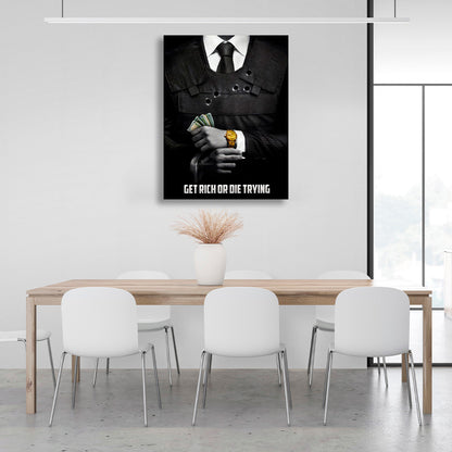 A man in a suit with money in his hands and a gold watch on his wrist with the inscription Motivational Canvas Wall Art Print