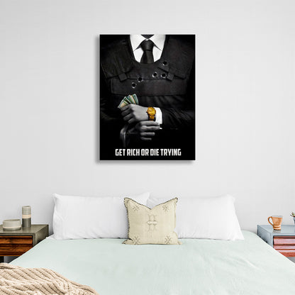 A man in a suit with money in his hands and a gold watch on his wrist with the inscription Motivational Canvas Wall Art Print