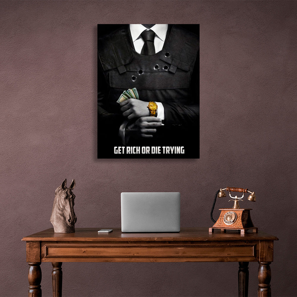 A man in a suit with money in his hands and a gold watch on his wrist with the inscription Motivational Canvas Wall Art Print