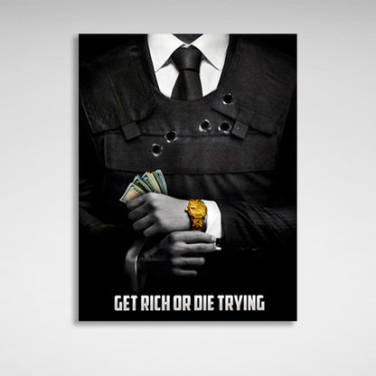 A man in a suit with money in his hands and a gold watch on his wrist with the inscription Motivational Canvas Wall Art Print