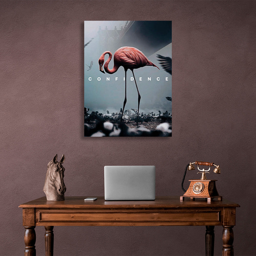 One pink flamingo in a cloudy city Canvas Wall Art Print