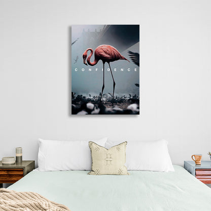 One pink flamingo in a cloudy city Canvas Wall Art Print