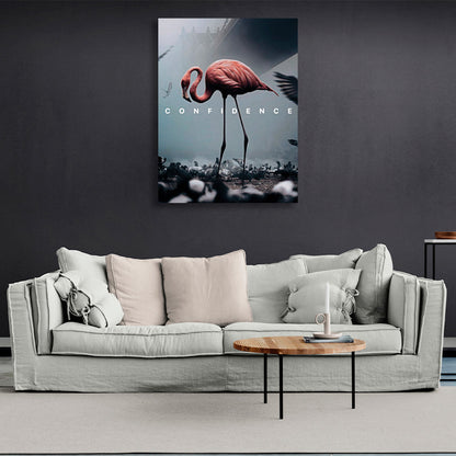 One pink flamingo in a cloudy city Canvas Wall Art Print