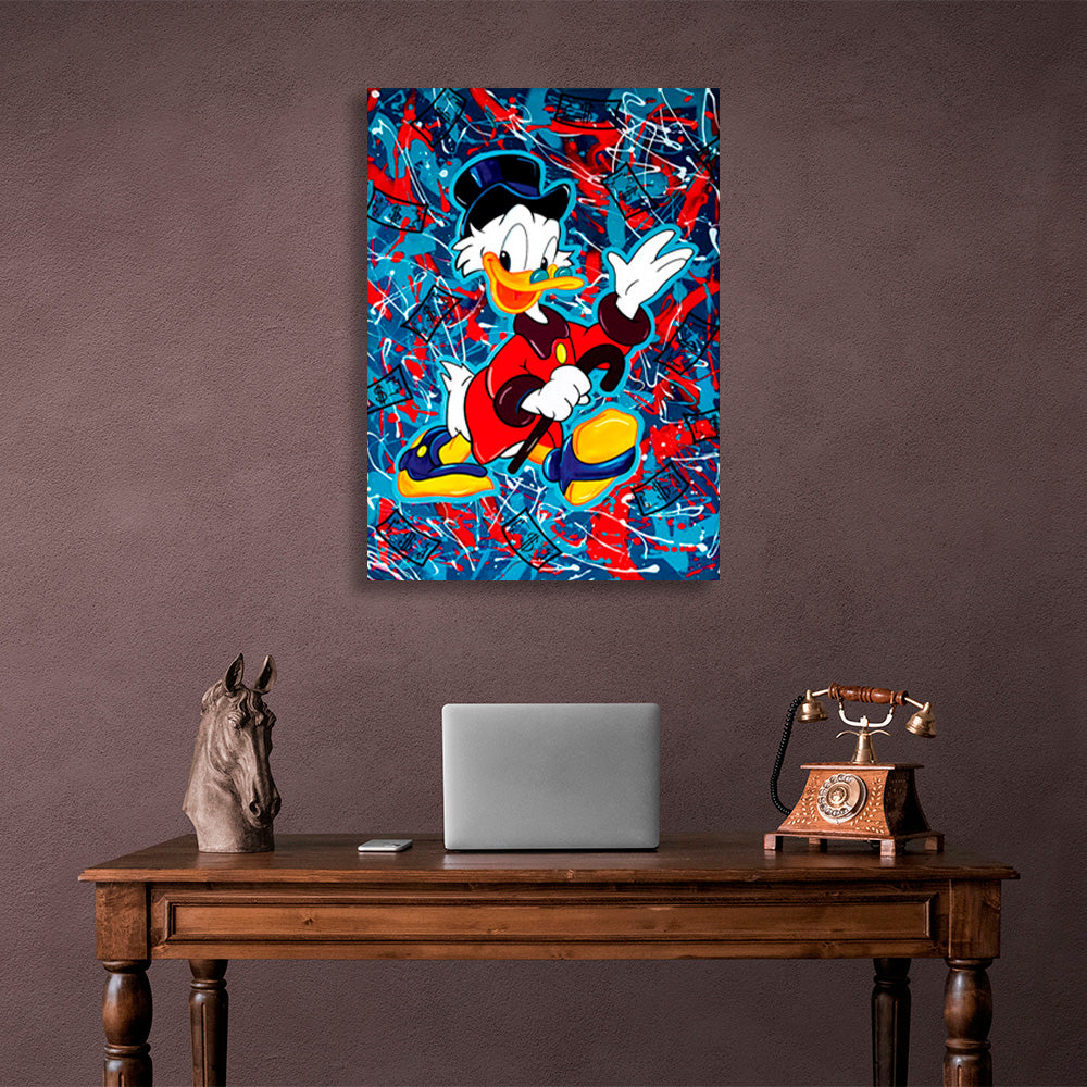 Scrooge on a red and blue background Inspirational Canvas Wall Art Print