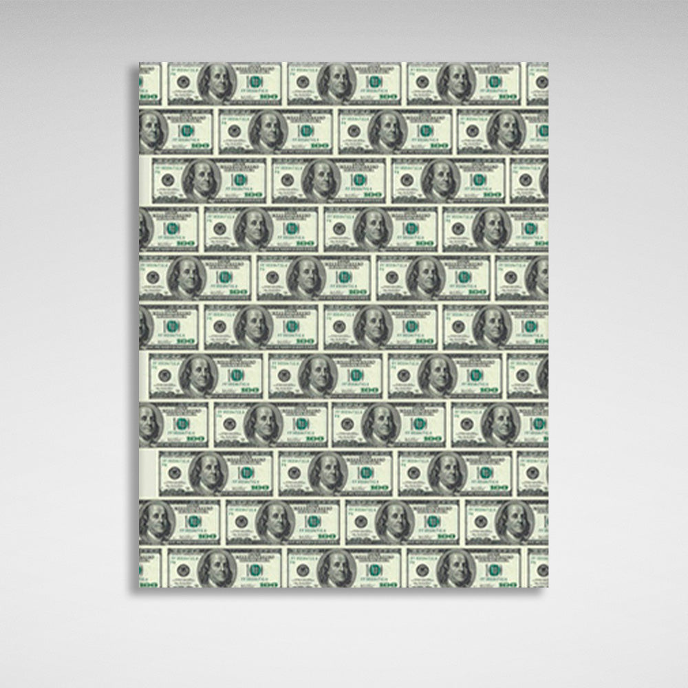 100-dollar bills are laid out in rows Inspirational Canvas Wall Art Print