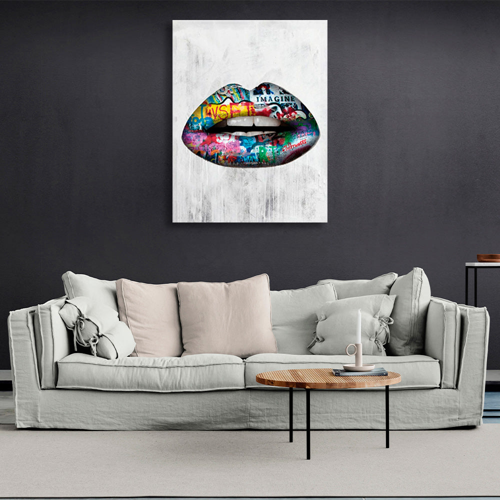 Graffiti-style lips on a gray background Canvas Wall Art Print