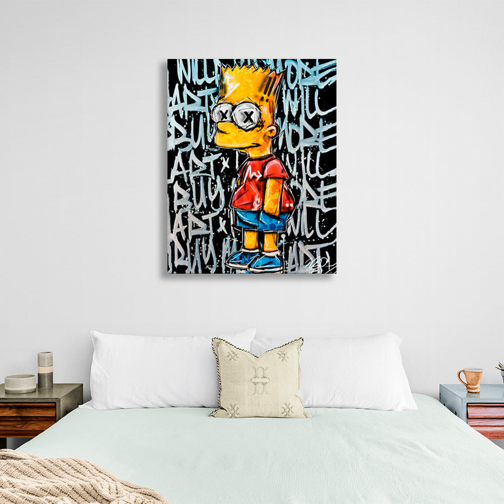 Bart on a black background with writing on it Canvas Wall Art Print