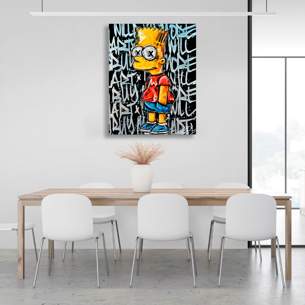 Bart on a black background with writing on it Canvas Wall Art Print