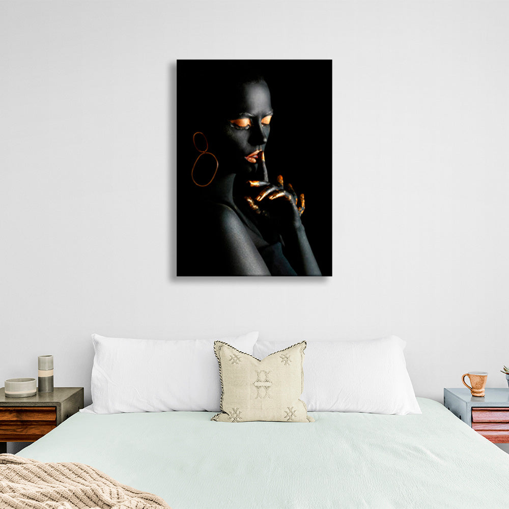 Girl with gold makeup and nails with earrings Canvas Wall Art Print