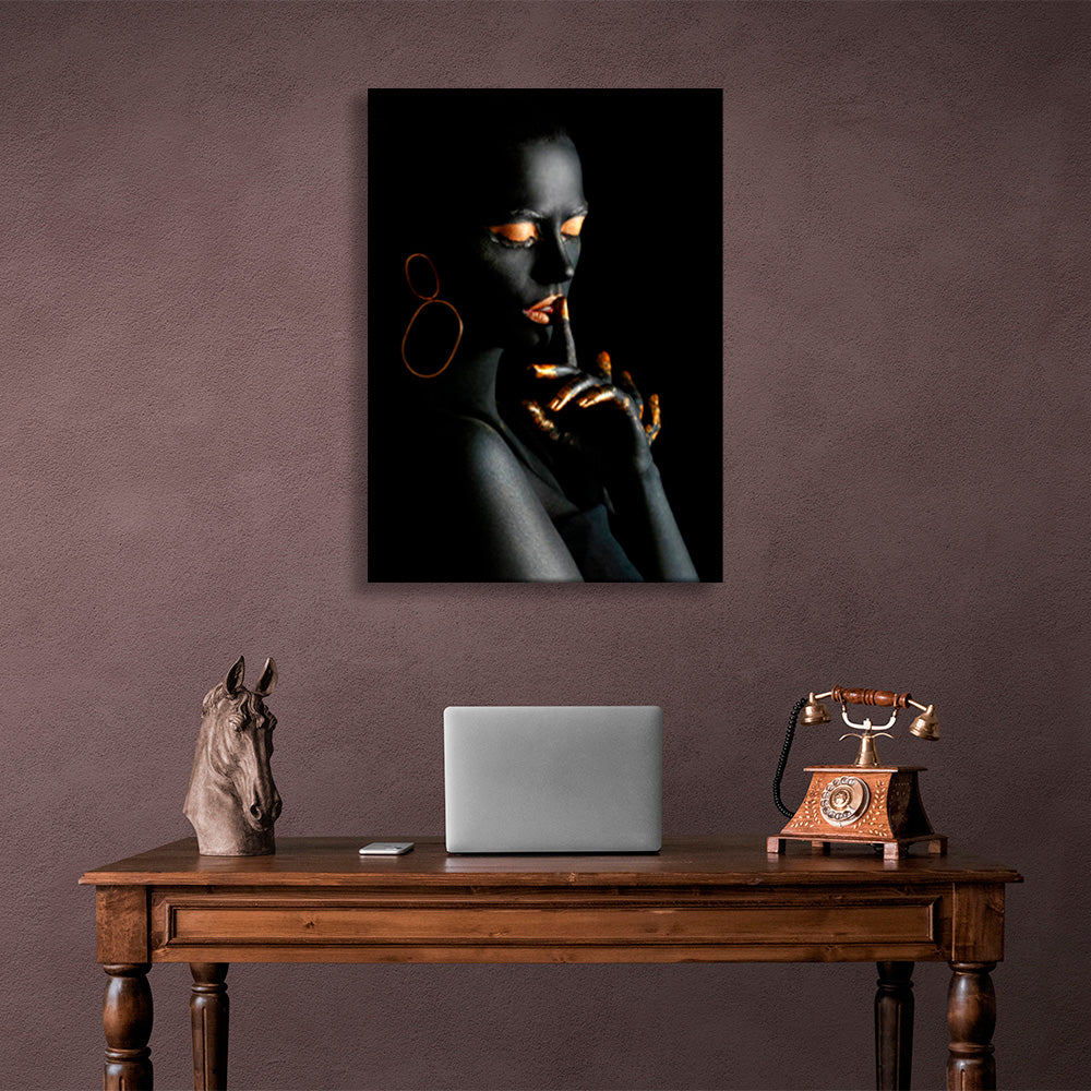 Girl with gold makeup and nails with earrings Canvas Wall Art Print