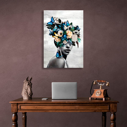 Girl with flowers and butterflies on her head on gray background Canvas Wall Art Print