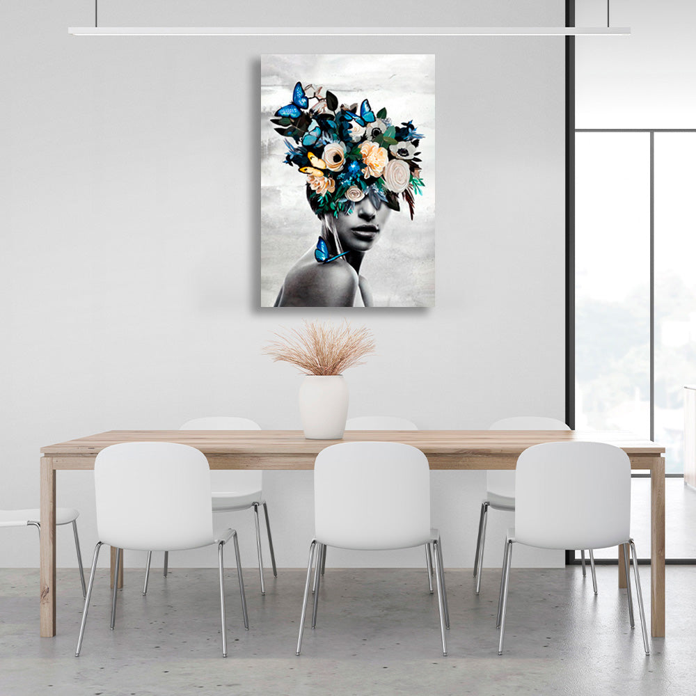 Girl with flowers and butterflies on her head on gray background Canvas Wall Art Print