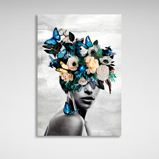 Girl with flowers and butterflies on her head on gray background Canvas Wall Art Print