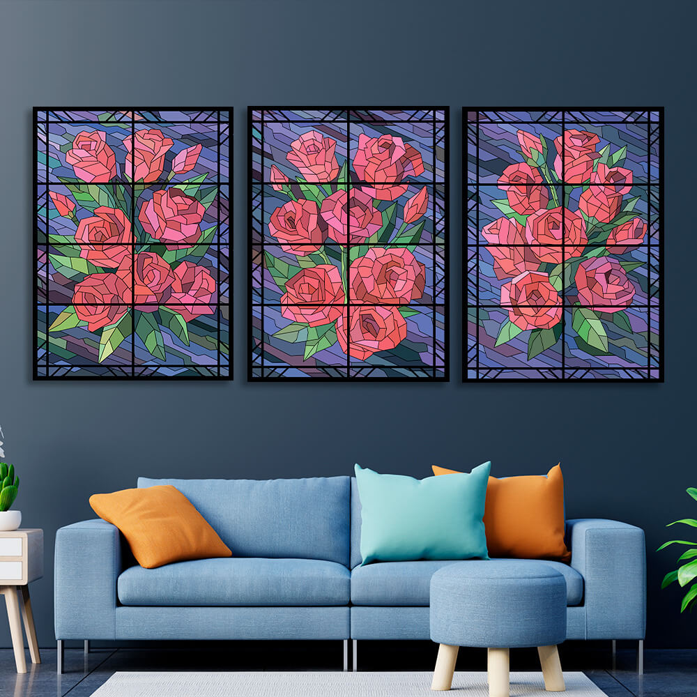 Modular flowers on a blue background Multi Panel Canvas Wall Art Print