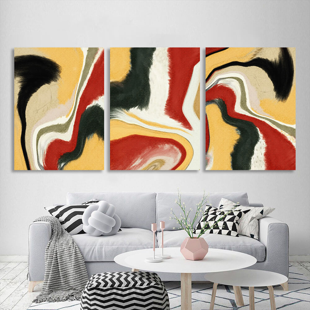 abstract burgundy and black on a yellow background Multi Panel Canvas Wall Art Print