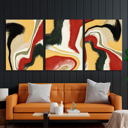 abstract burgundy and black on a yellow background Multi Panel Canvas Wall Art Print