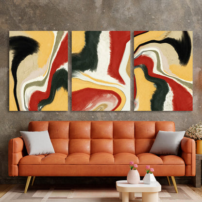 abstract burgundy and black on a yellow background Multi Panel Canvas Wall Art Print