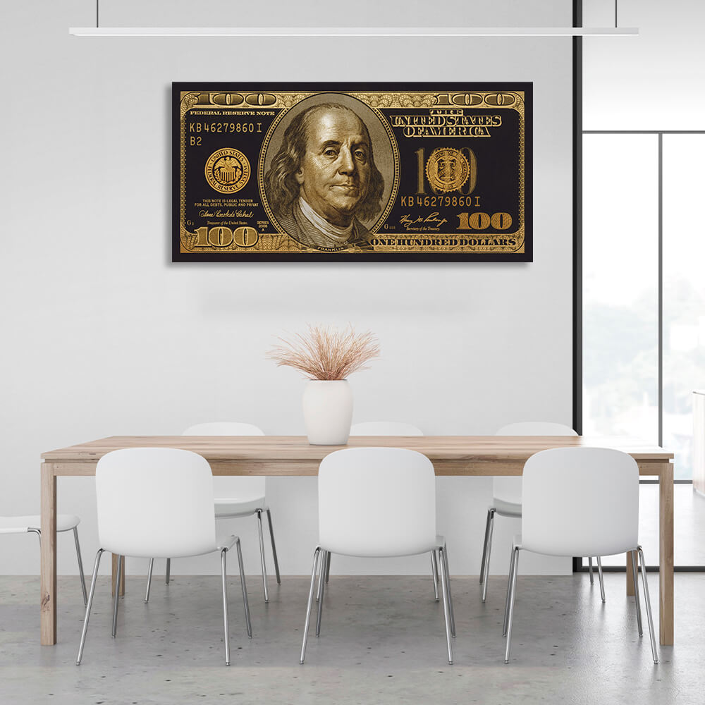 100 dollars golden and black Inspirational Canvas Wall Art Print