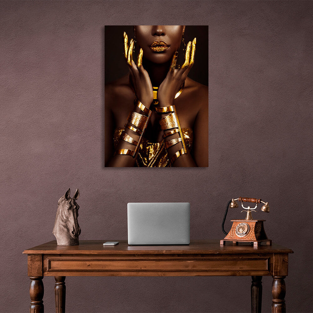 A dark-haired girl with golden elements Canvas Wall Art Print