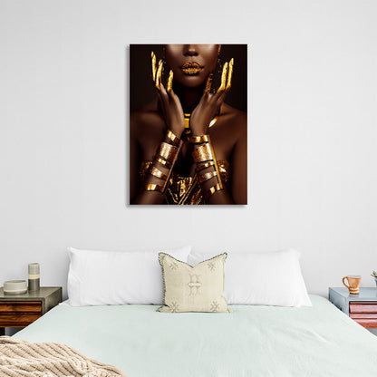 A dark-haired girl with golden elements Canvas Wall Art Print