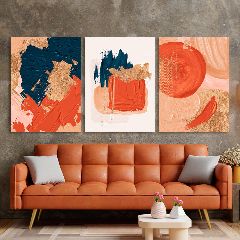 Modular orange and blue abstract with gold elements Multi Panel Canvas Wall Art Print