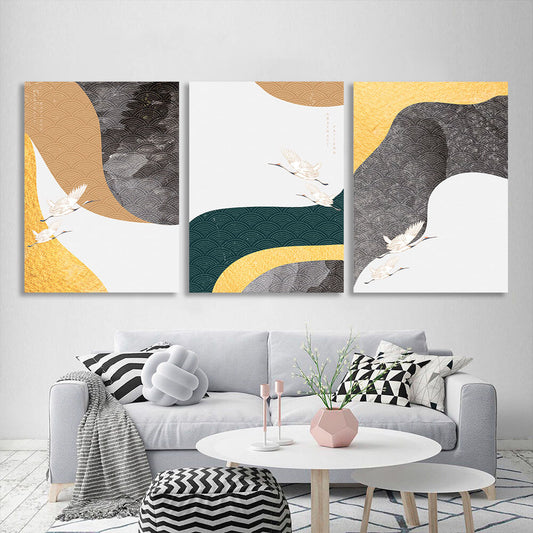 Modular birds on a gray-beige background Multi Panel Canvas Wall Art Print