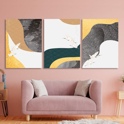 Modular birds on a gray-beige background Multi Panel Canvas Wall Art Print