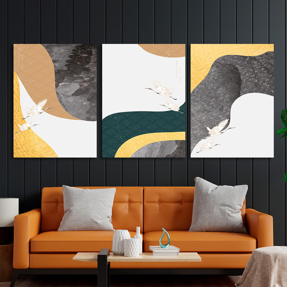 Modular birds on a gray-beige background Multi Panel Canvas Wall Art Print