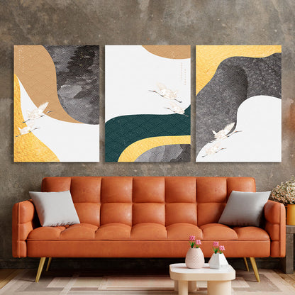 Modular birds on a gray-beige background Multi Panel Canvas Wall Art Print