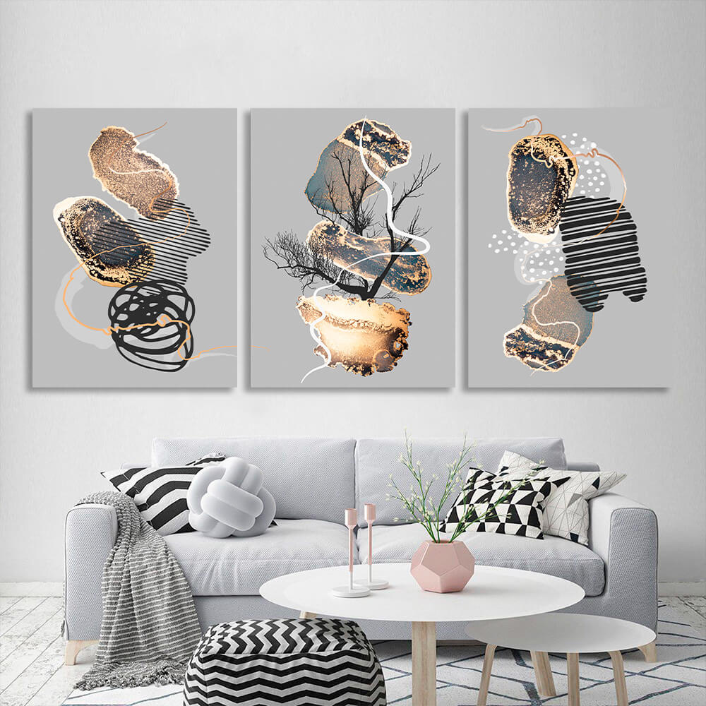 Modular black and gold abstract on gray background Multi Panel Canvas Wall Art Print