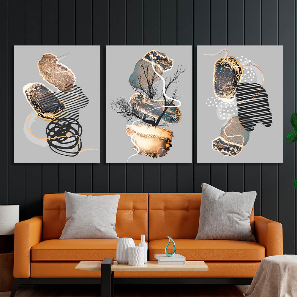 Modular black and gold abstract on gray background Multi Panel Canvas Wall Art Print