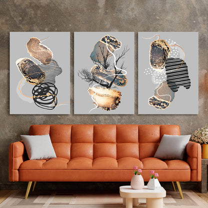 Modular black and gold abstract on gray background Multi Panel Canvas Wall Art Print