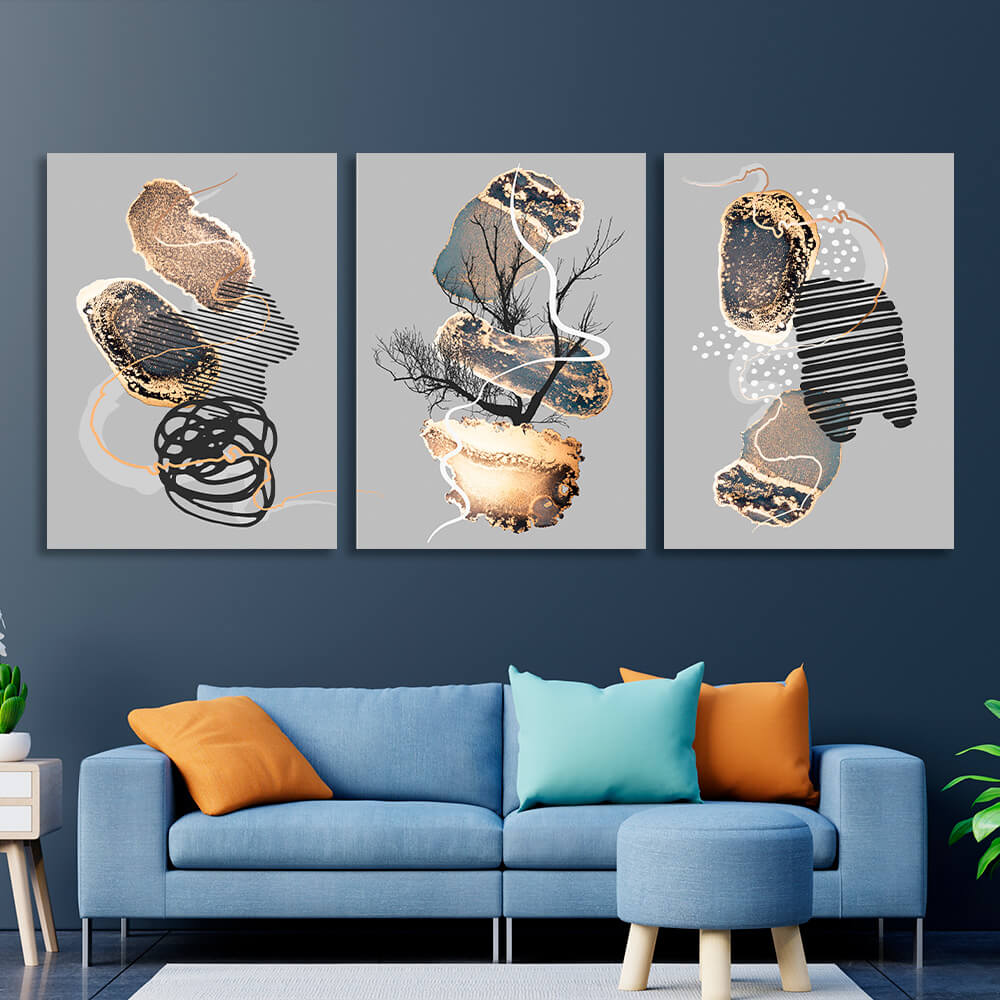 Modular black and gold abstract on gray background Multi Panel Canvas Wall Art Print