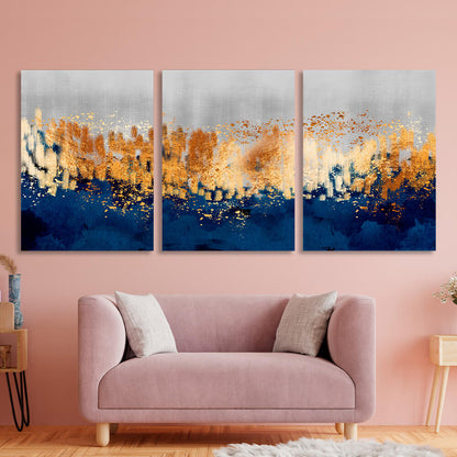 Modular gray-gold abstract with blue elements Multi Panel Canvas Wall Art Print