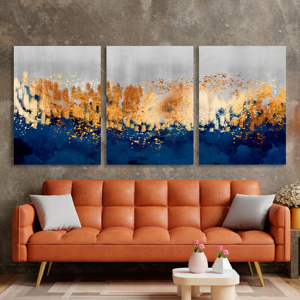 Modular gray-gold abstract with blue elements Multi Panel Canvas Wall Art Print