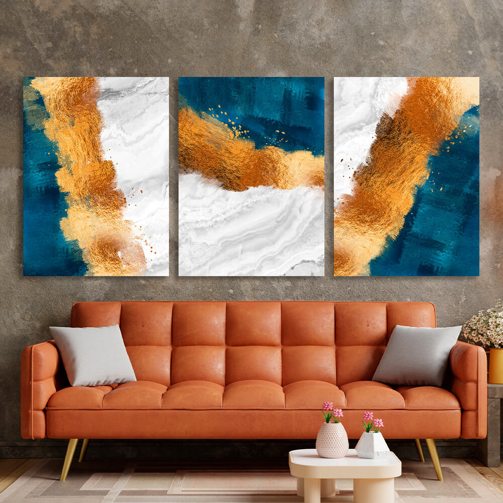 Modular blue-gold abstract with gray elements Multi Panel Canvas Wall Art Print