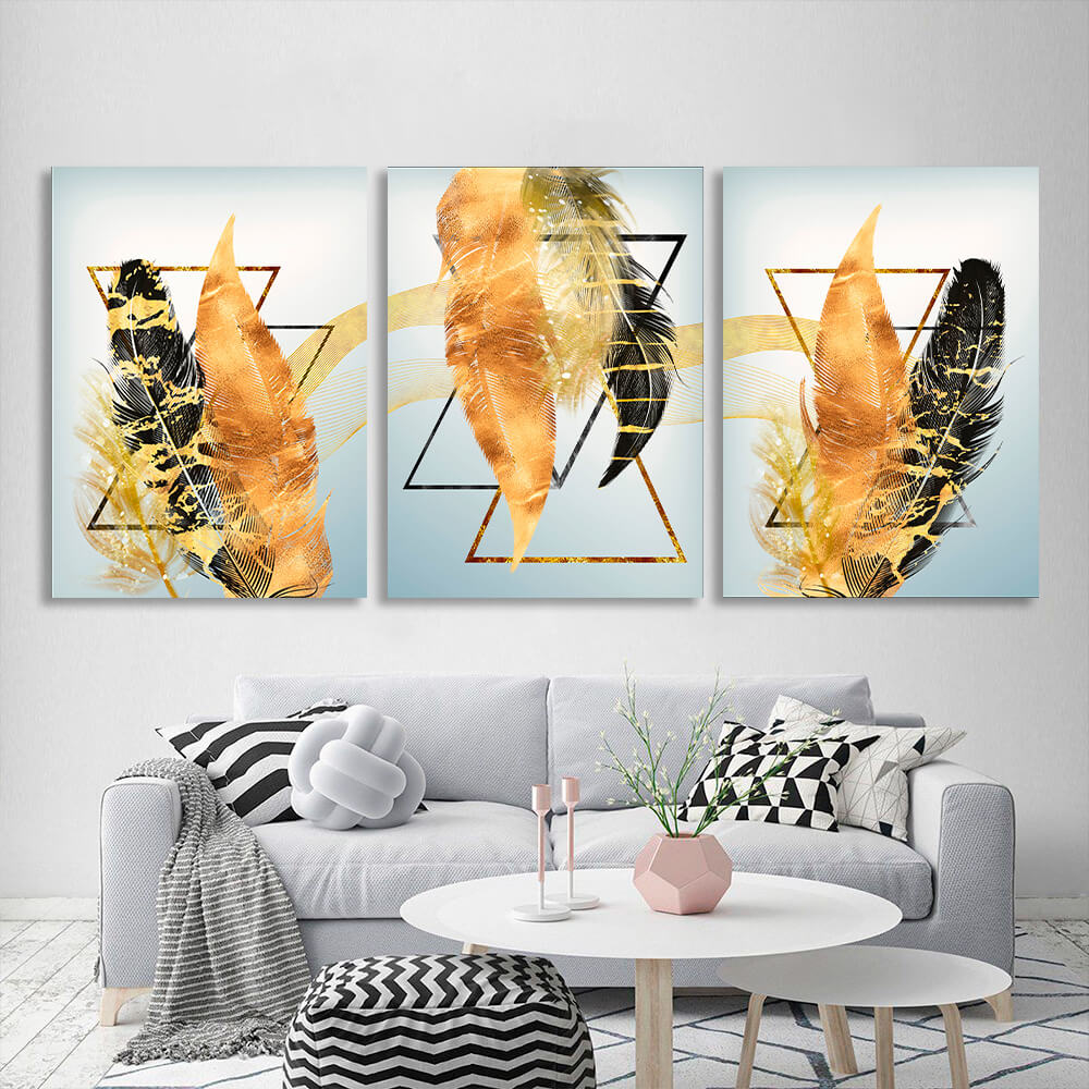 Modular black and gold feathers Multi Panel Canvas Wall Art Print