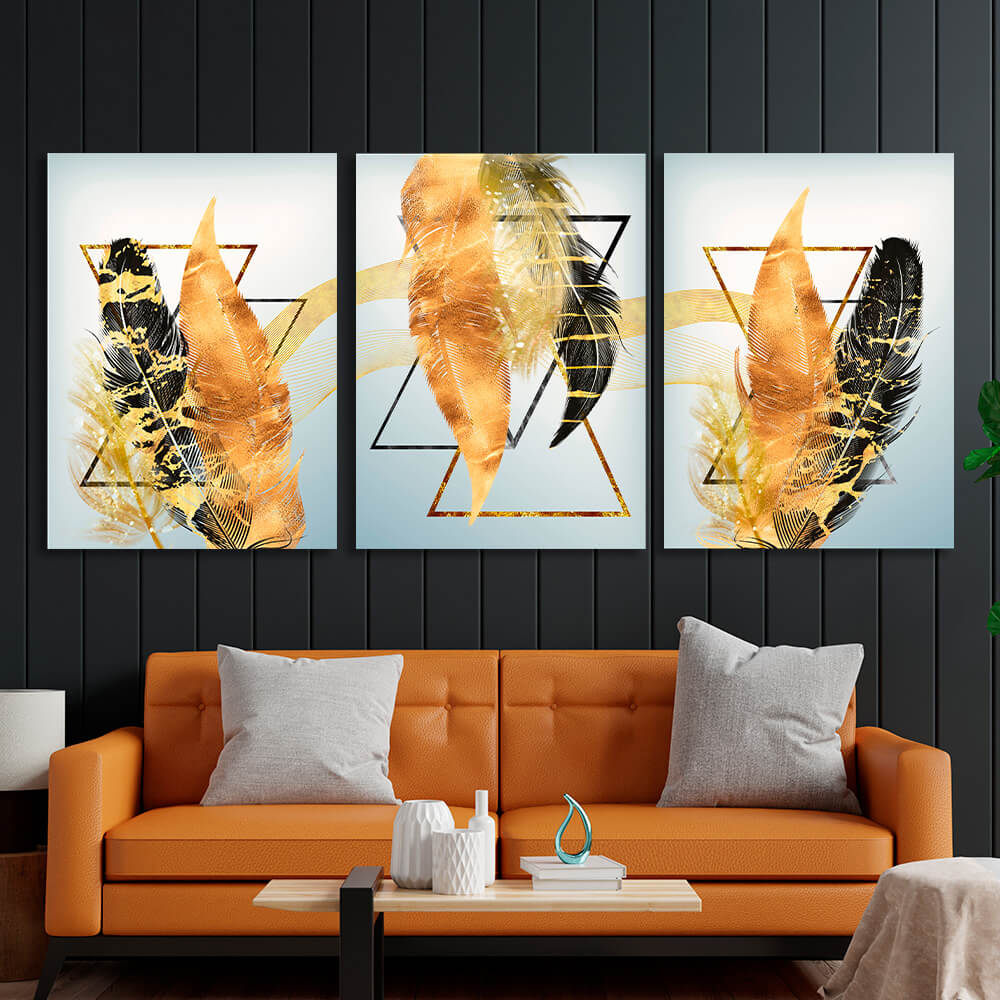 Modular black and gold feathers Multi Panel Canvas Wall Art Print